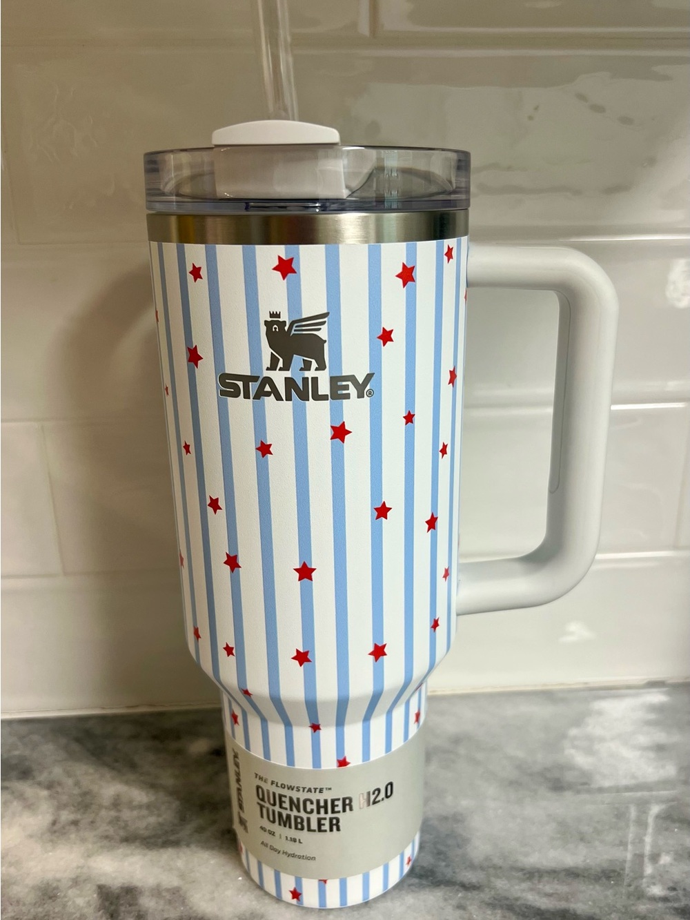 Stanley White and Light Blue Striped Tumbler with Red Stars
